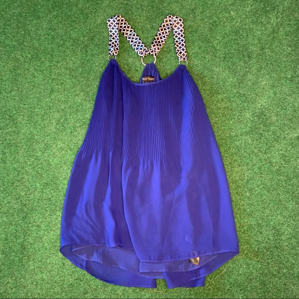 White House Black Market Royal Blue Pleated Halter Blouse with Patterned Straps
